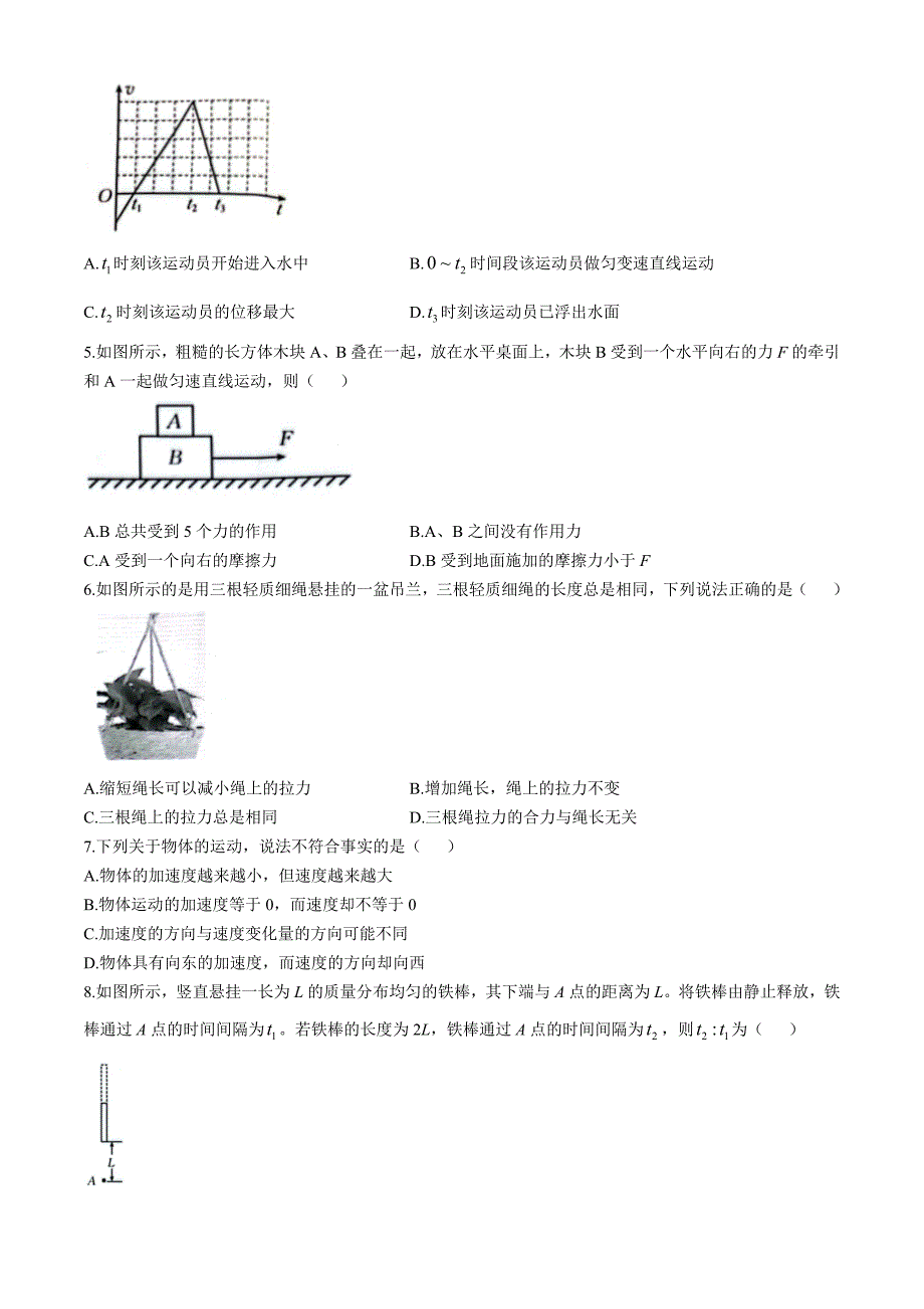 2024—2025学年度第一学期期中学业水平质量监测高一年级物理试题（无答案）_第2页