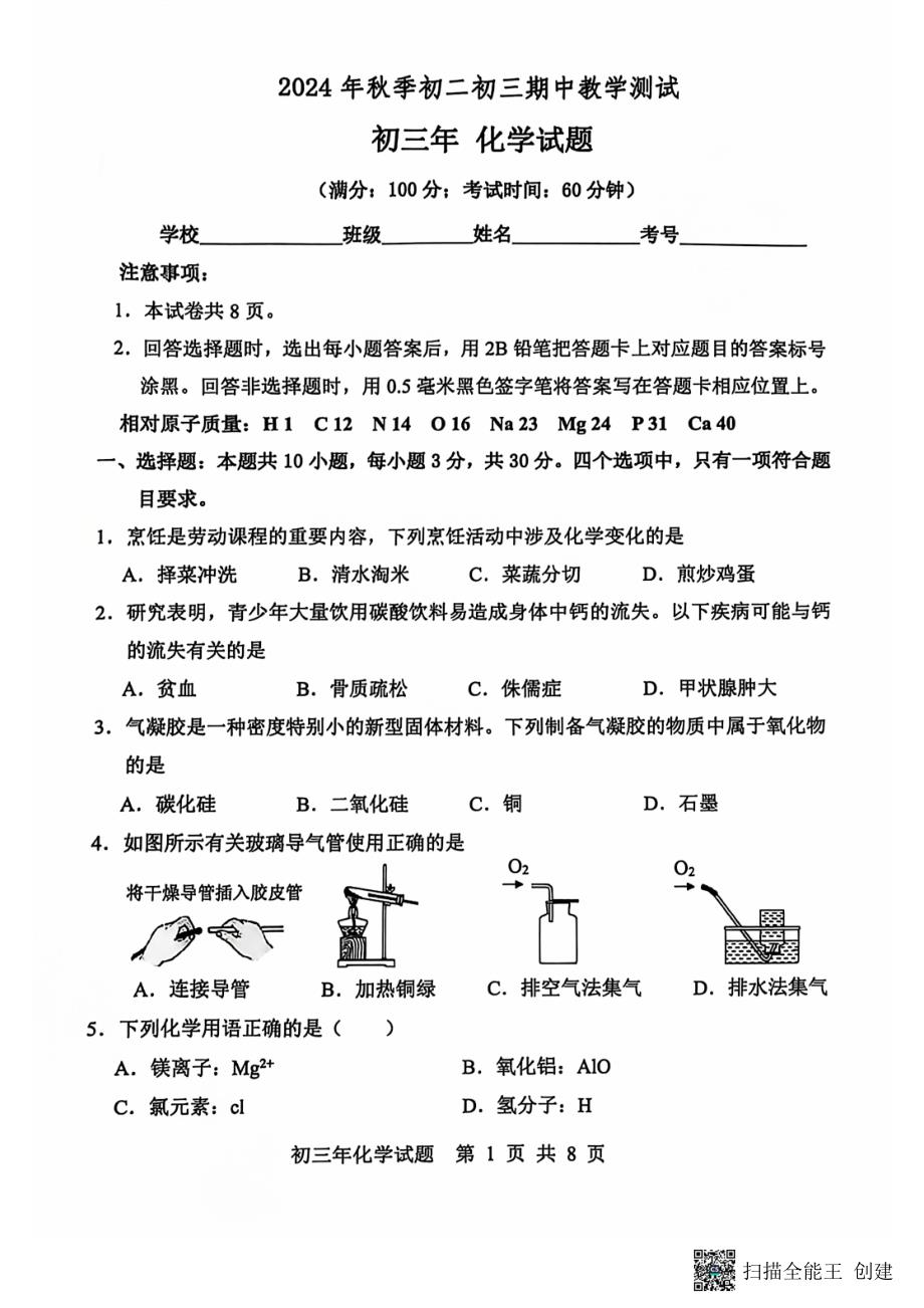 2024年秋福建省南安市初三期中教学测试化学试题_第1页