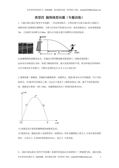 中考数学二轮复习题型突破练习题型8 函数的实际应用 类型4 抛物线型问题16题（专题训练）（学生版）