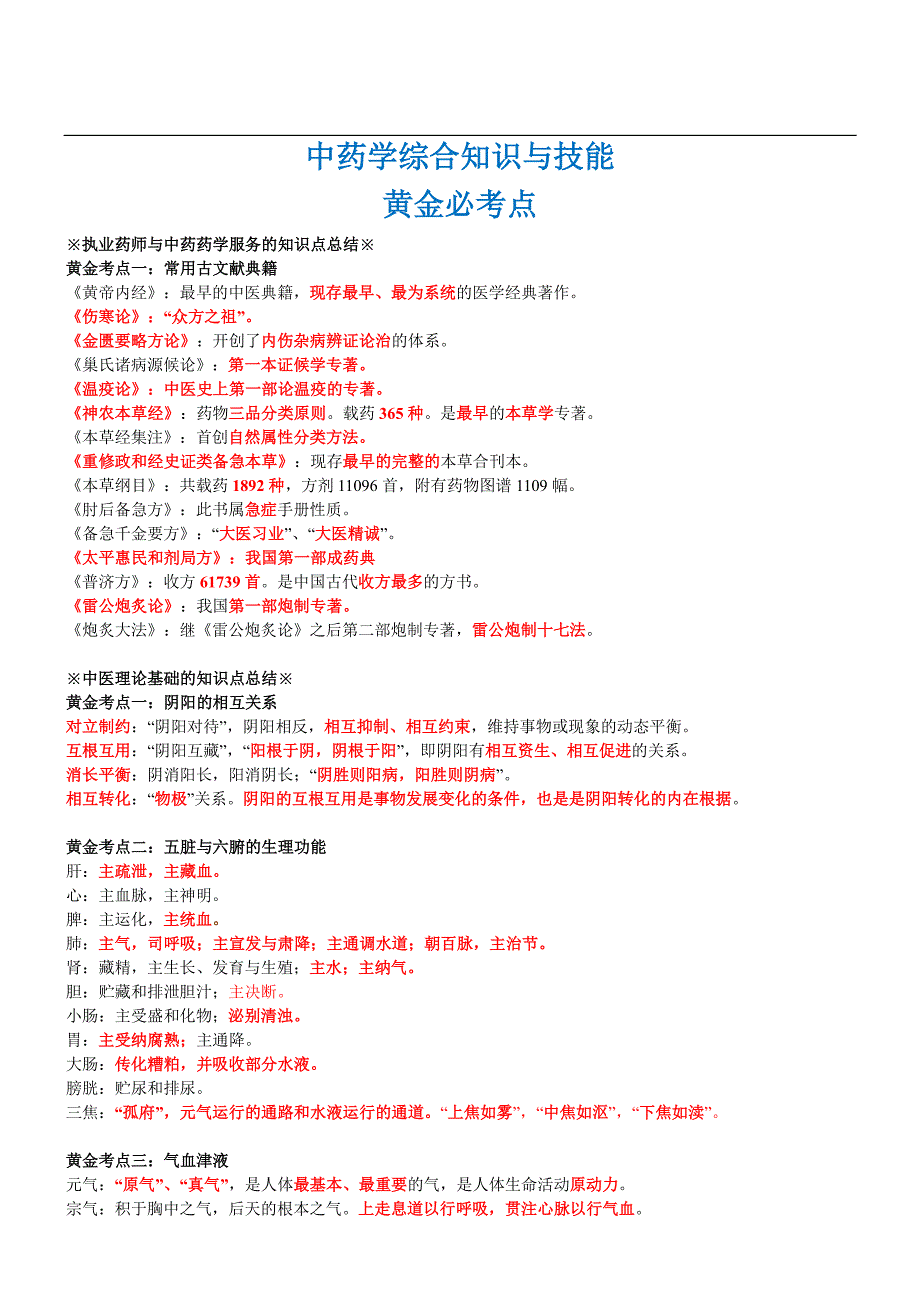 执业药师 中药综合 黄金考点_第1页