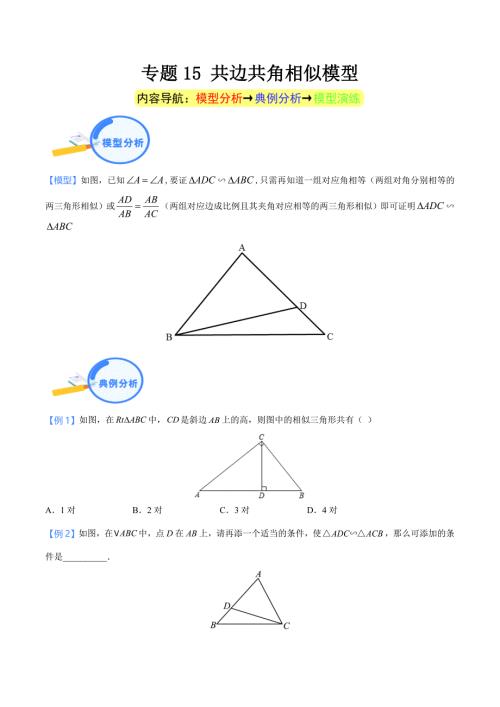 中考数学二轮培优重点突破讲练专题15 共边共角相似模型（学生版）