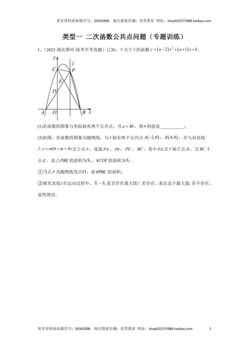 中考数学二轮复习题型突破练习题型9 二次函数综合题 类型1 二次函数公共点问题（专题训练）（学生版）