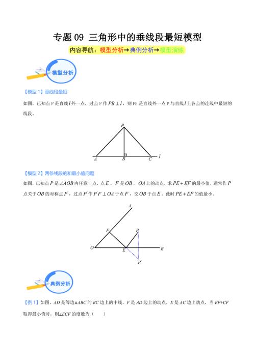 中考数学二轮培优重点突破讲练专题09 三角形中的垂线段最短模型（教师版）