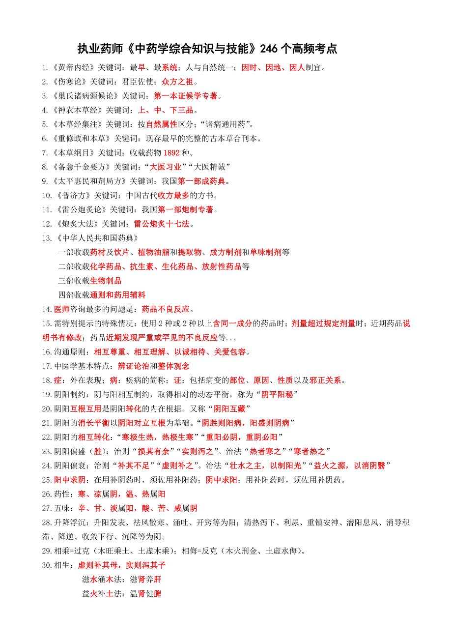 执业药师《中药学综合知识与技能》246个高频一句话考点_第1页