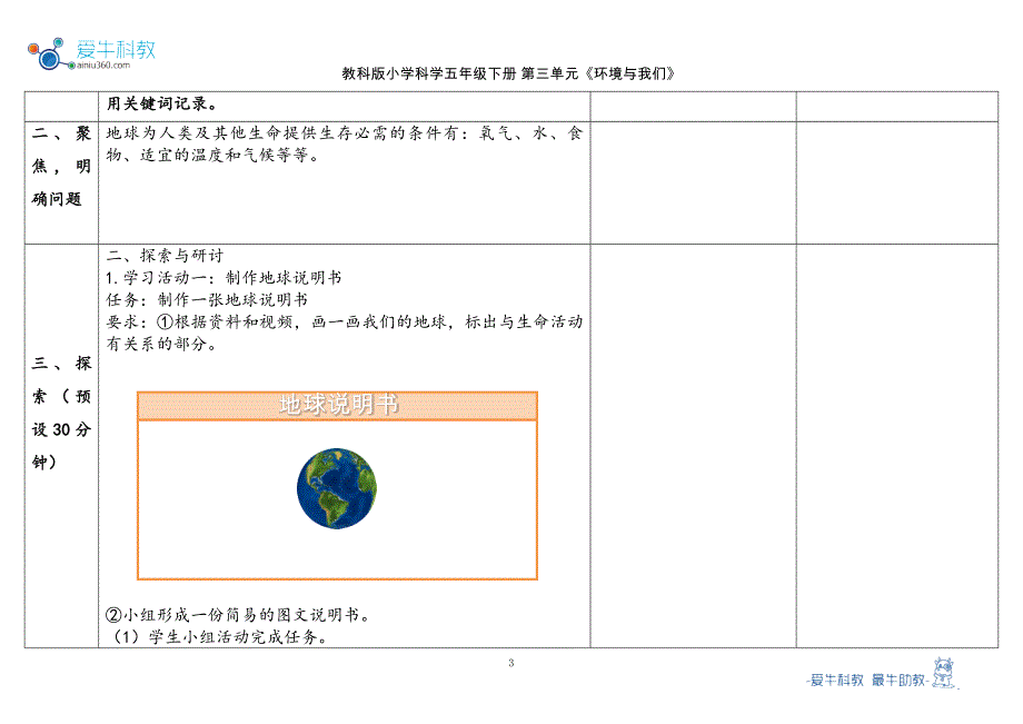 教科版五年级下第3单元《环境与我们》单元 1.《地球—宇宙的奇迹》教学设计2023春_第3页