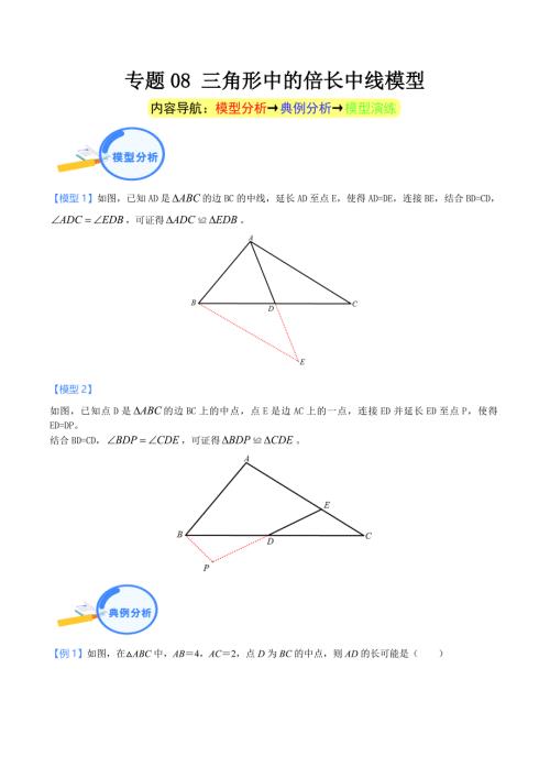 中考数学二轮培优重点突破讲练专题08 三角形中的倍长中线模型（教师版）