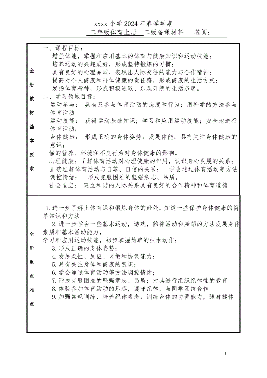 2024小学二年级体育下册教案_第1页