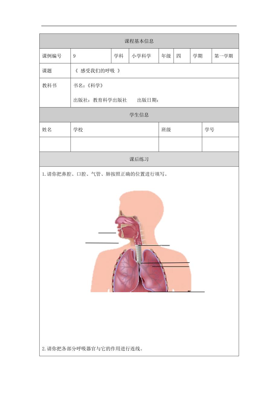 2024年小学四上教案【科学(教科版)】感受我们的呼吸-4课后练习_第1页