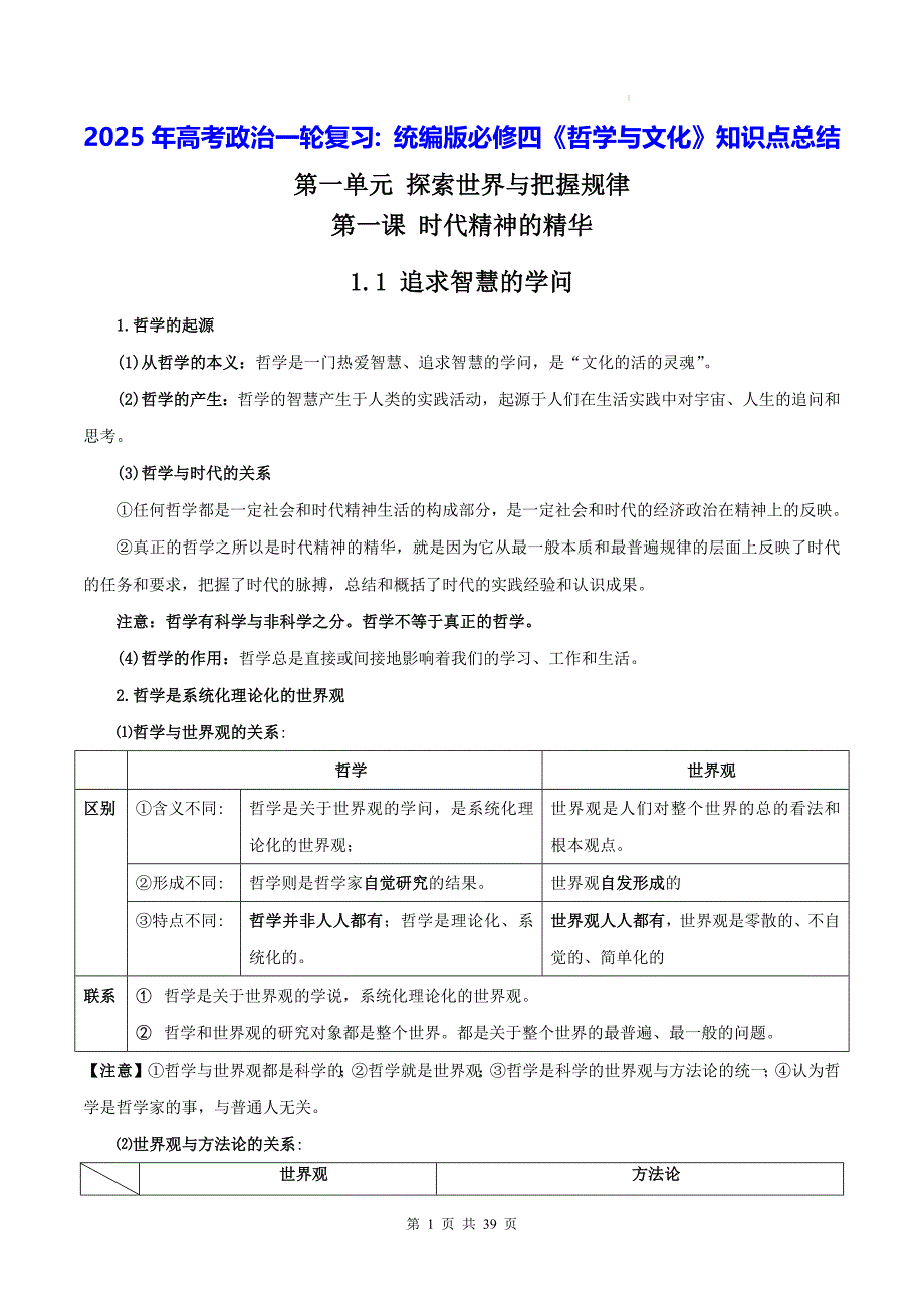 2025年高考政治一轮复习：统编版必修四《哲学与文化》知识点总结_第1页