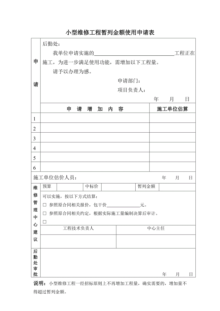 小型维修工程暂列金额使用申请表_第1页