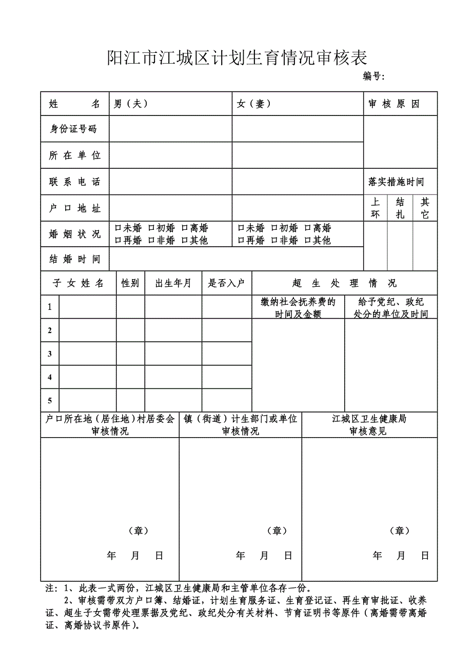 阳江市江城区计划生育情况审核表_第1页