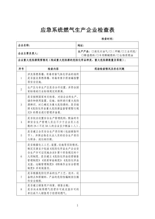 燃气生产经营企业现场检查表