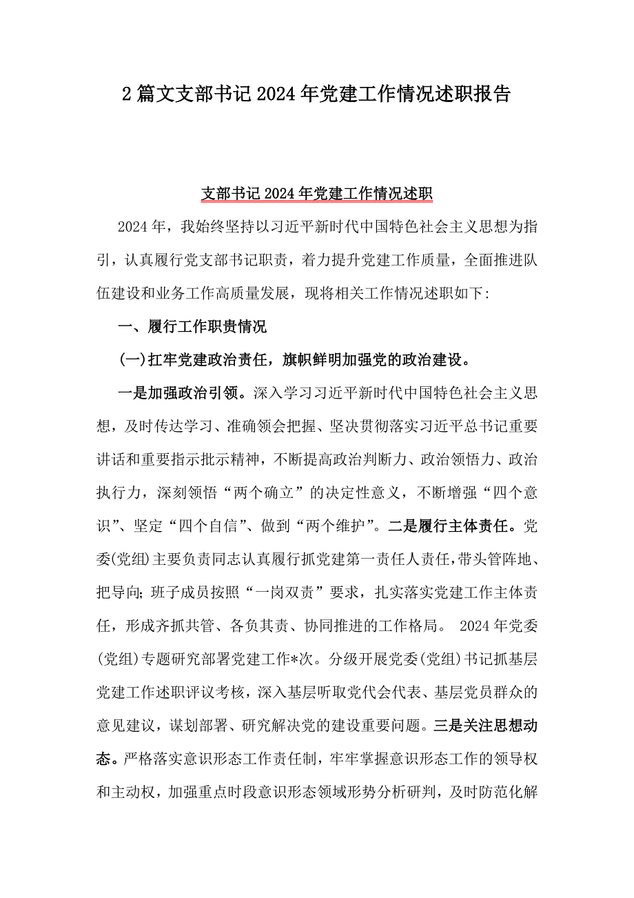 2篇文支部书记2024年党建工作情况述职报告_第1页