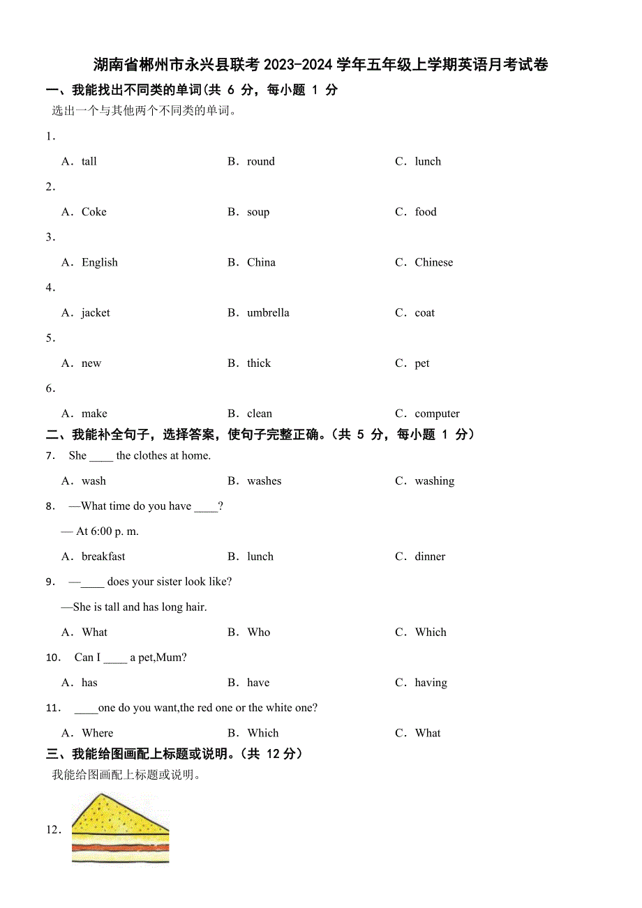 湖南省郴州市永兴县联考2023-2024学年五年级上学期英语月考试卷_第1页