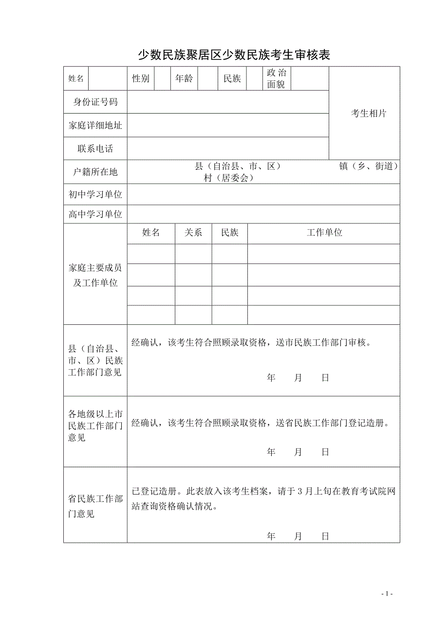 少数民族聚居区少数民族考生审核表_第1页