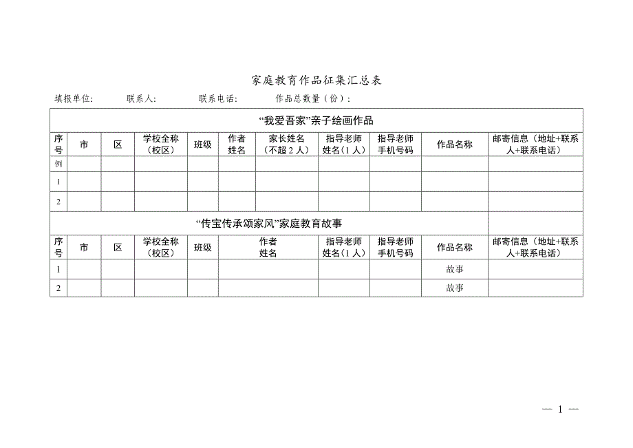 家庭教育作品征集汇总表_第1页