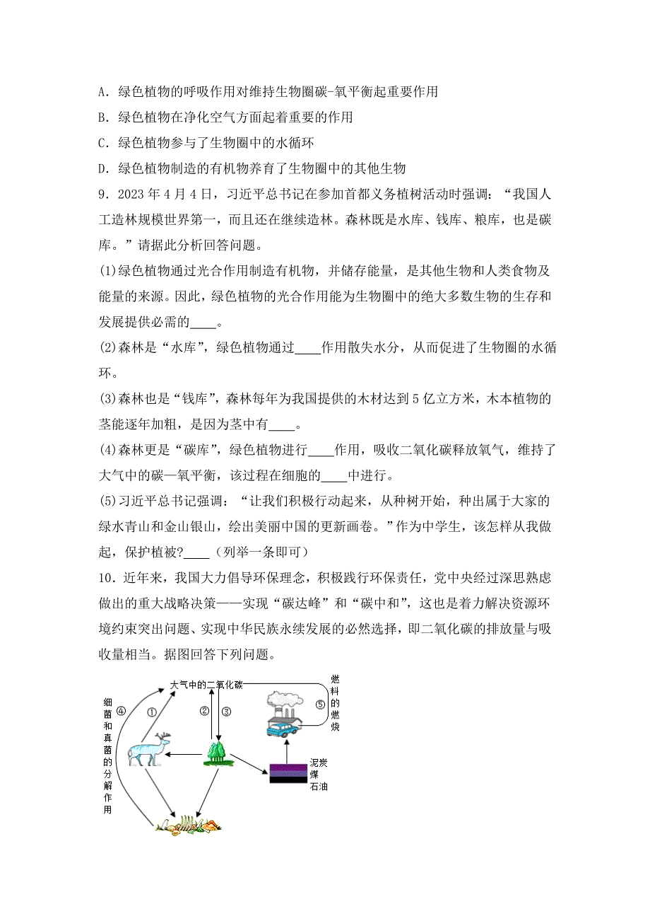 北师大版（2024）七年级生物上册第三单元第四章第六节《植物在生物圈中的作用》优质练习_第2页