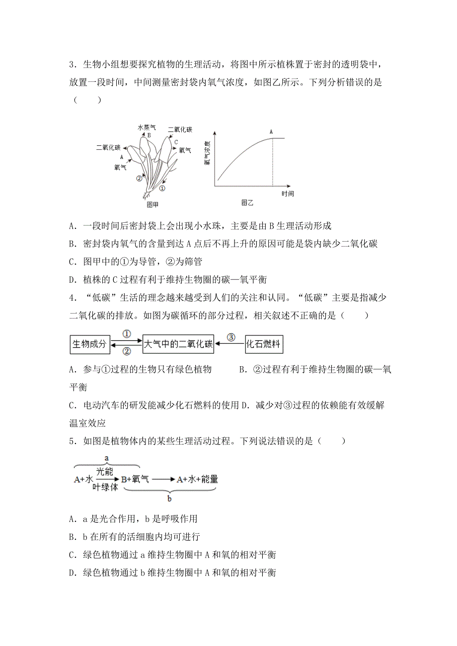 北师大版（2024）七年级生物上册第三单元第四章第六节《植物在生物圈中的作用》优质练习_第4页