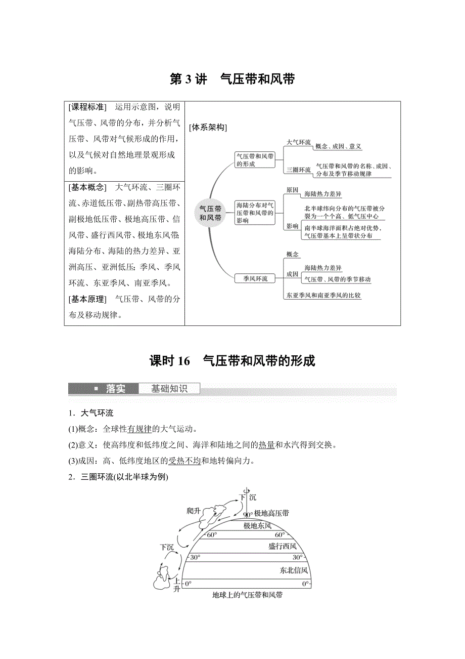 2024年高考地理一轮复习（新人教版） 第1部分　第3章　第3讲　课时16　气压带和风带的形成_第1页