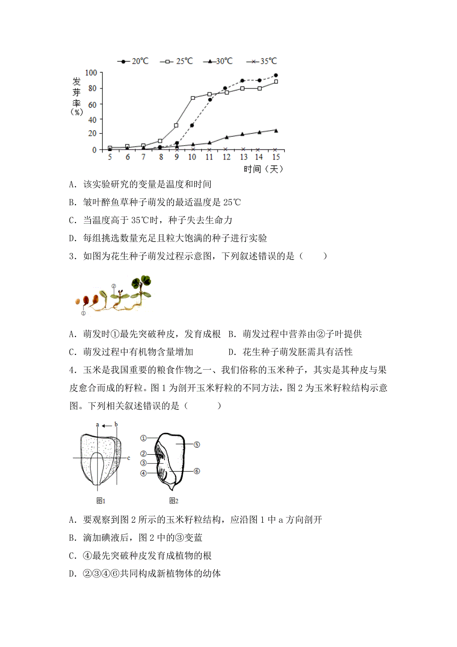 北师大版（2024）七年级生物上册第三单元第五章第一节《种子萌发形成幼苗》优质练习_第4页