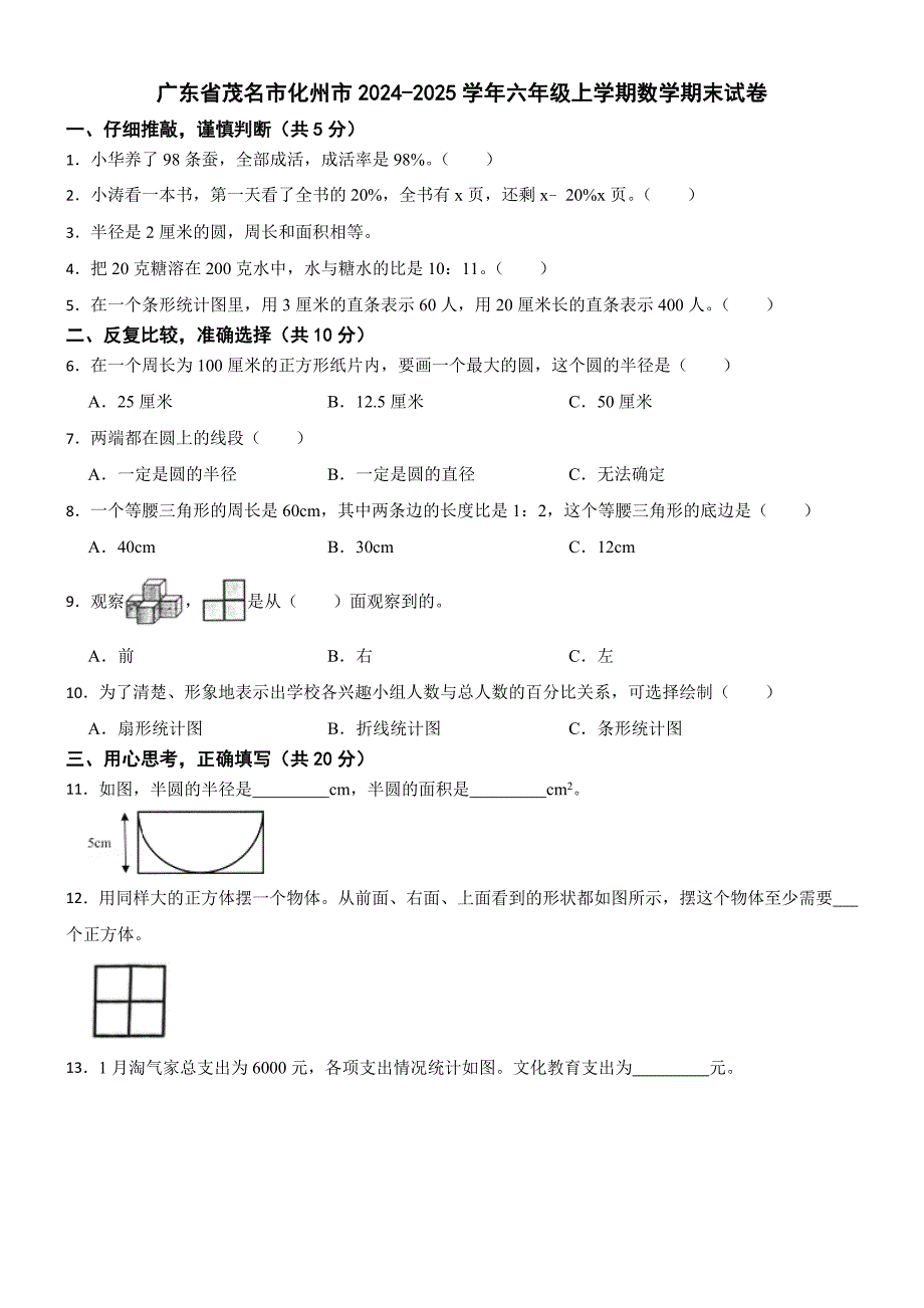 广东省茂名市化州市2024-2025学年六年级上学期数学期末试卷_第1页