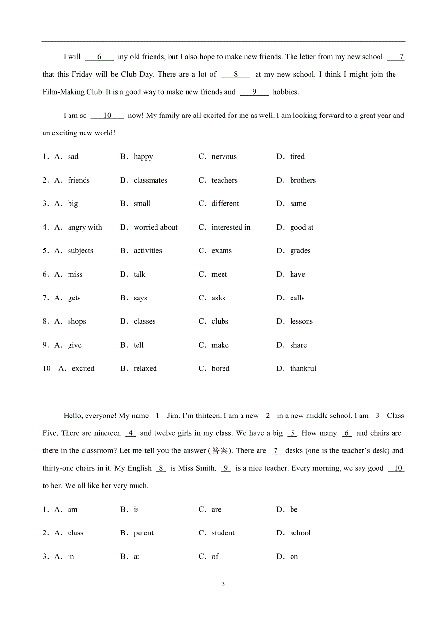 外研版（2024）七年级英语上册期中复习 完形填空（紧贴新教材主题预测18篇）（含答案）_第3页