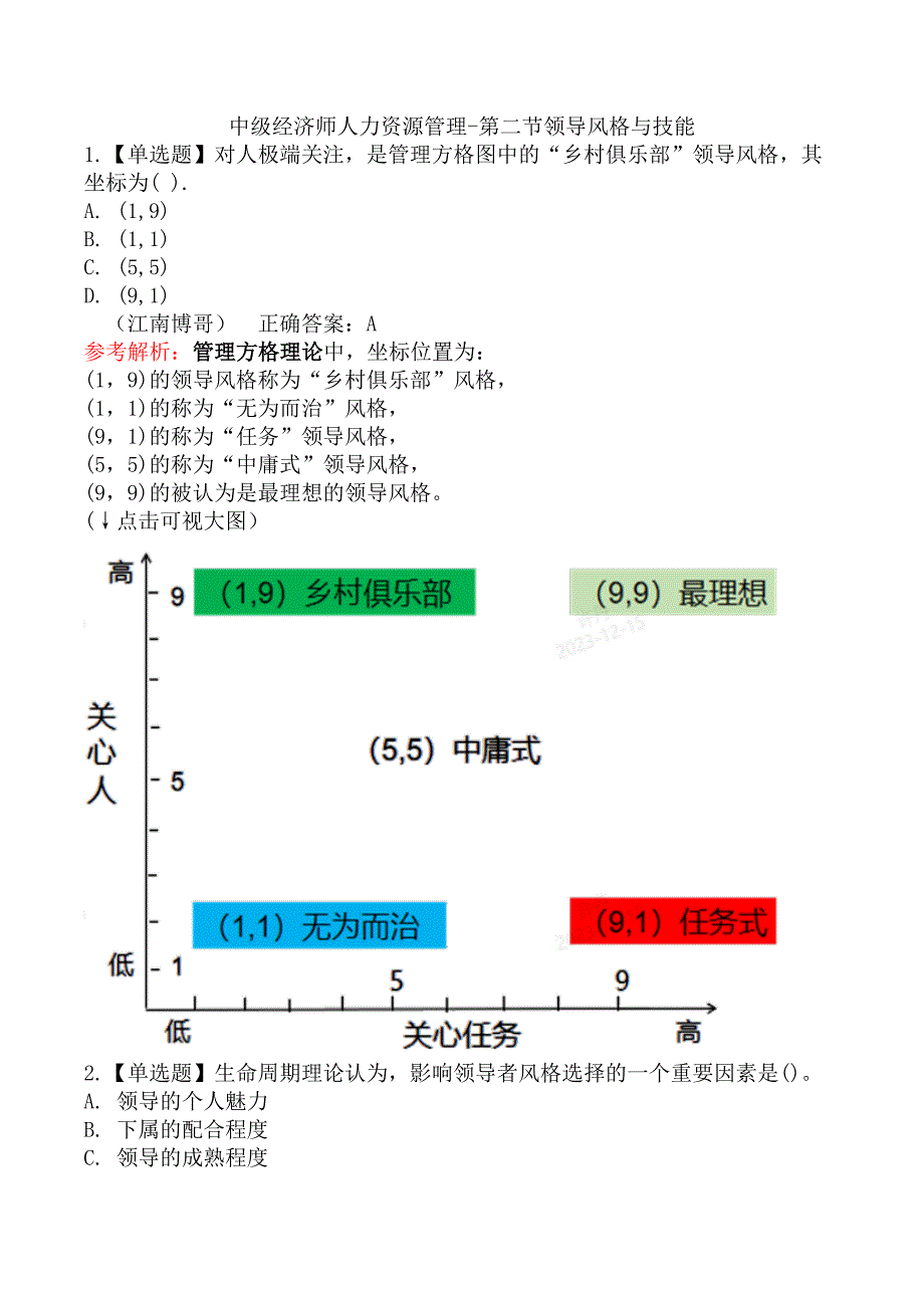 中级经济师人力资源管理-第二节领导风格与技能_第1页