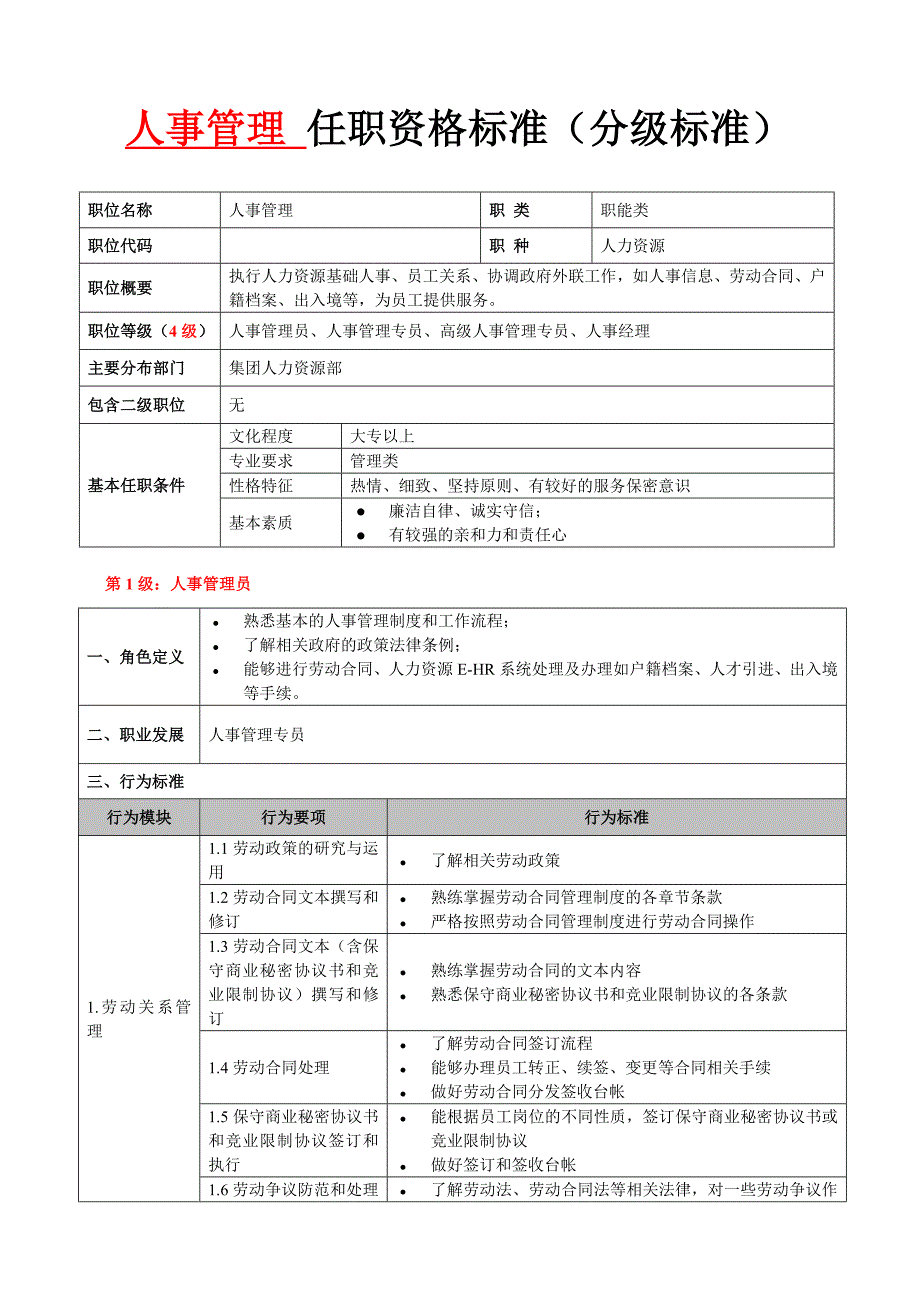 公司人事管理任职资格标准（分级标准）_第1页