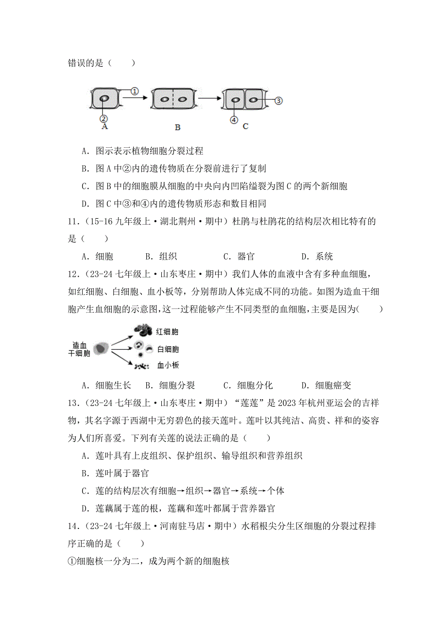 人教版（2024新版）七年级生物上册第一单元《03 从细胞到生物体》真题汇编（含答案）_第3页