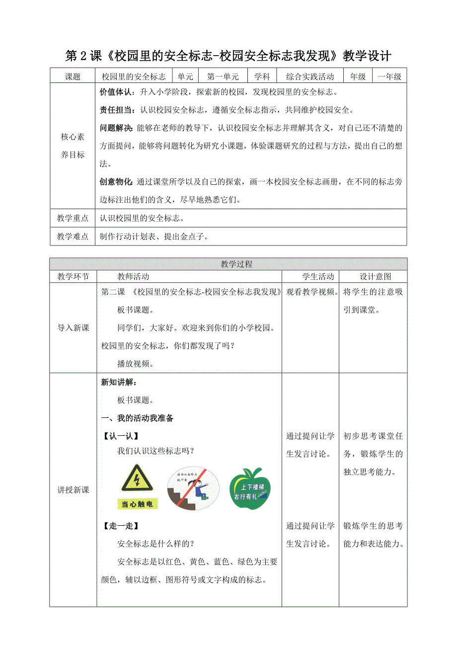 一年级上册浙科版综合实践校园安全标志我发现_第1页