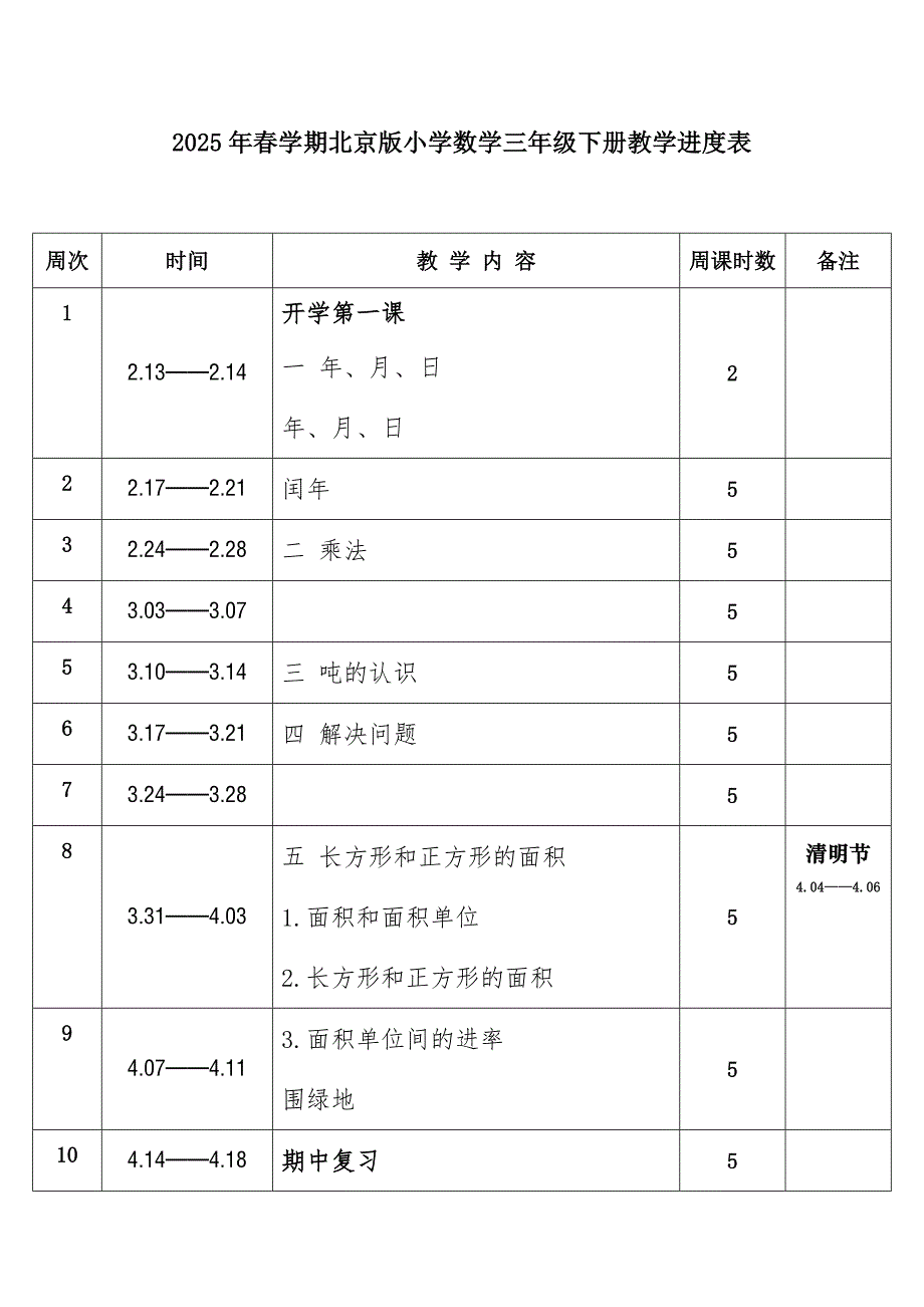 2025年春学期北京版小学数学三年级下册教学进度表_第1页