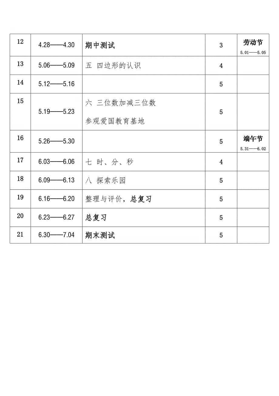 2025年春学期冀教版小学数学二年级下册教学进度表_第2页