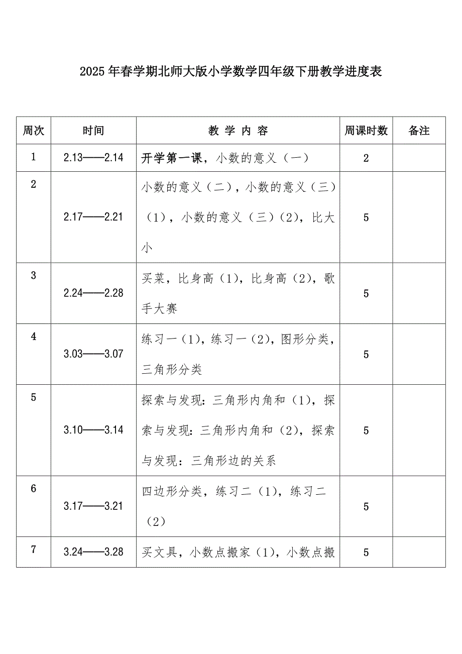 2025年春学期北师大版小学数学四年级下册教学进度表_第1页