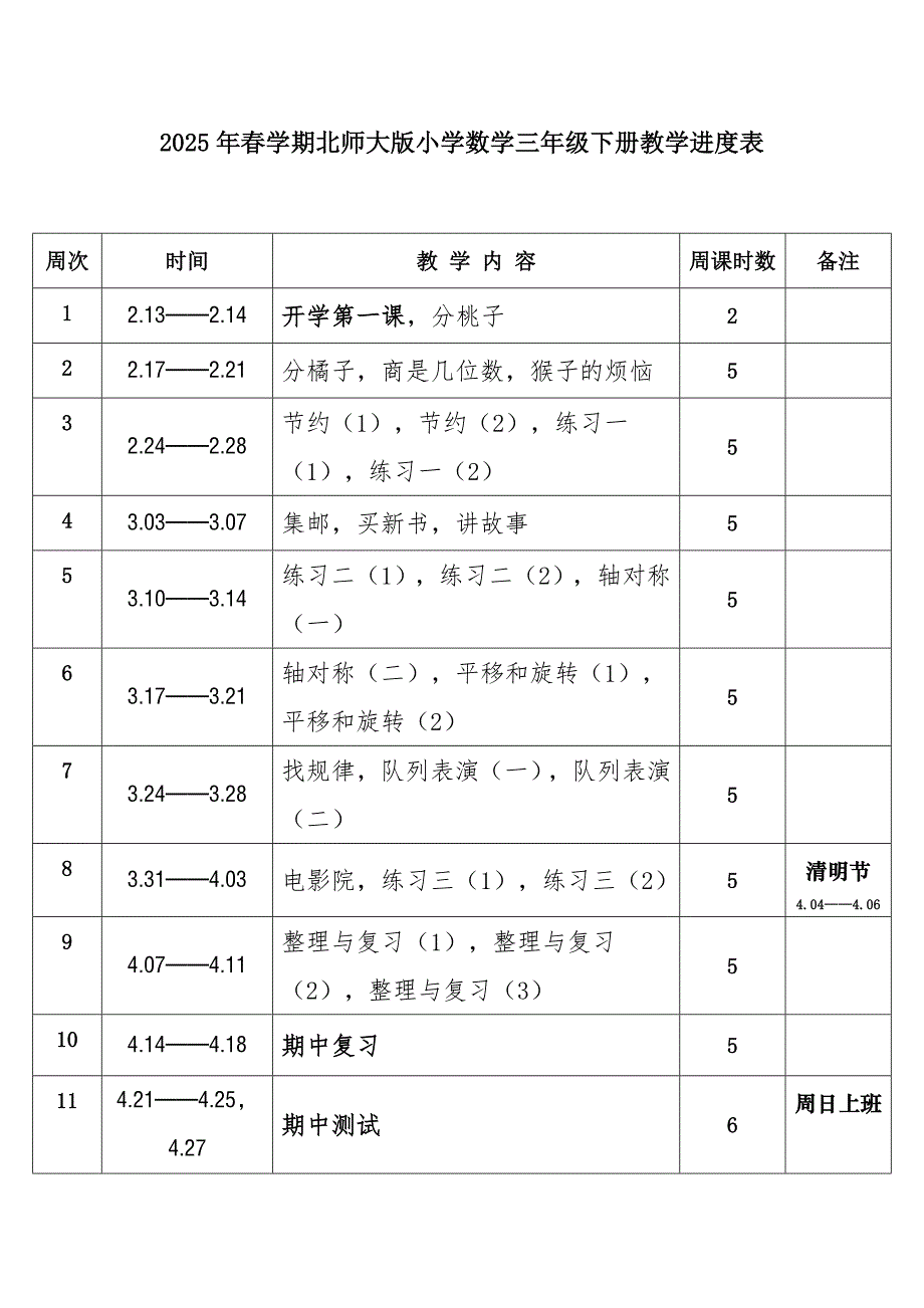 2025年春学期北师大版小学数学三年级下册教学进度表_第1页