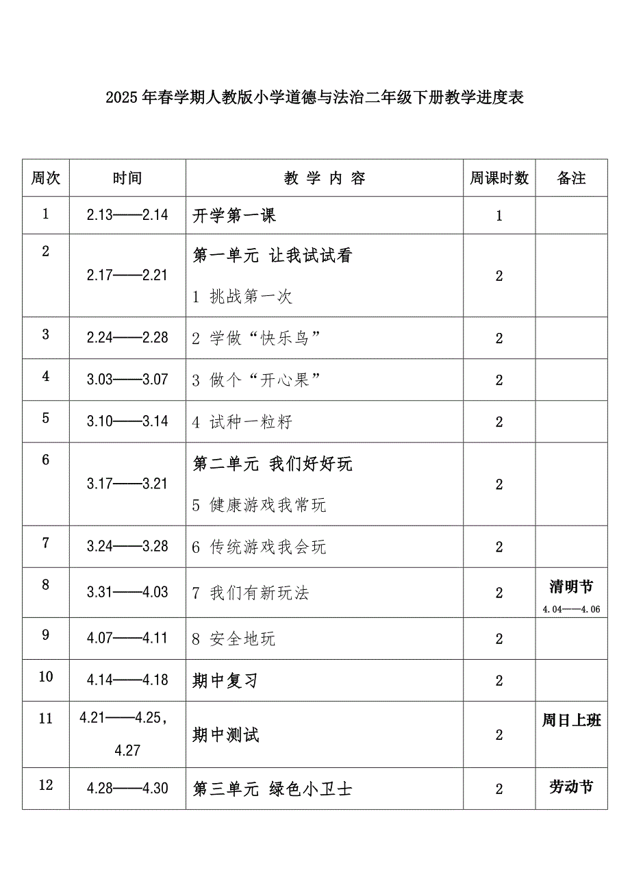 2025年春学期人教版小学道德与法治二年级下册教学进度表_第1页