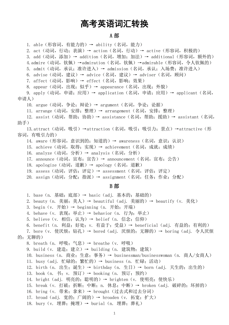 高中英语2025届高考词汇转换整理汇总（A部—D 部）_第1页