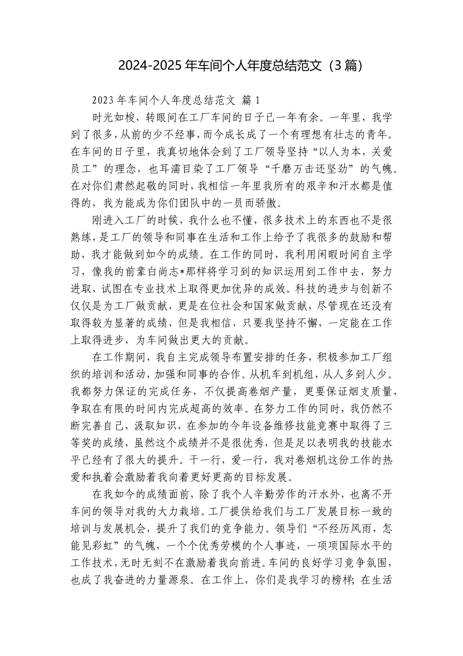 2024-2025年车间个人年度总结范文（3篇）_第1页