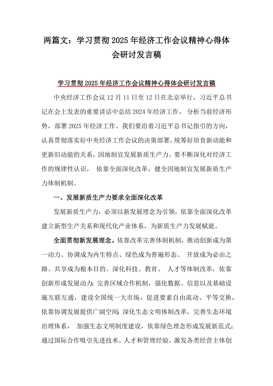 两篇文：学习贯彻2025年经济工作会议精神心得体会研讨发言稿_第1页