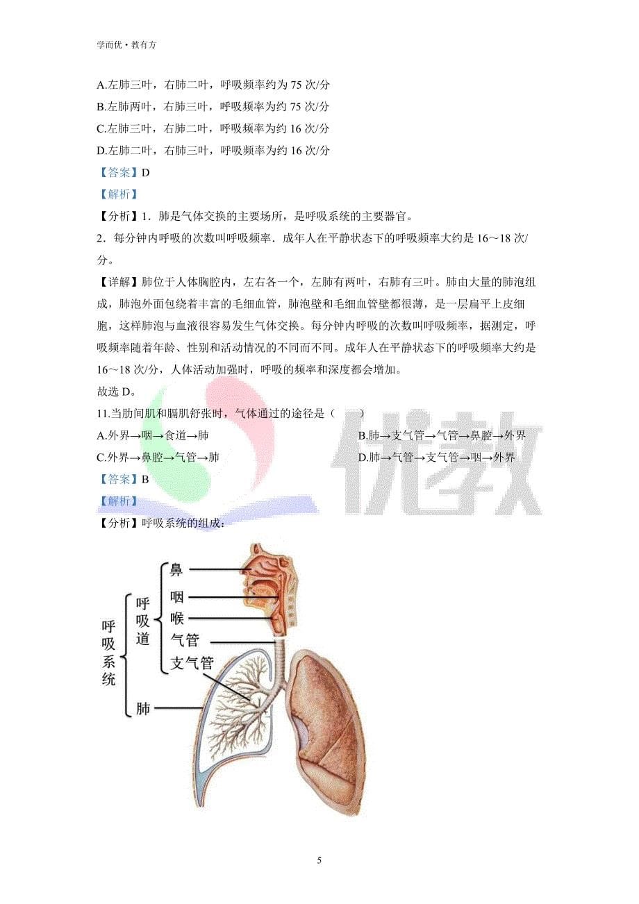 2021-2022学年七下【四川省绵阳市富乐教育集团】生物期中试题（解析版）_第5页