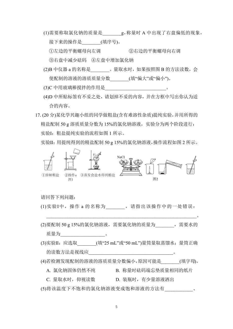 2025年春九年级化学下册第七单元单元测试卷（ 科学版）_第5页