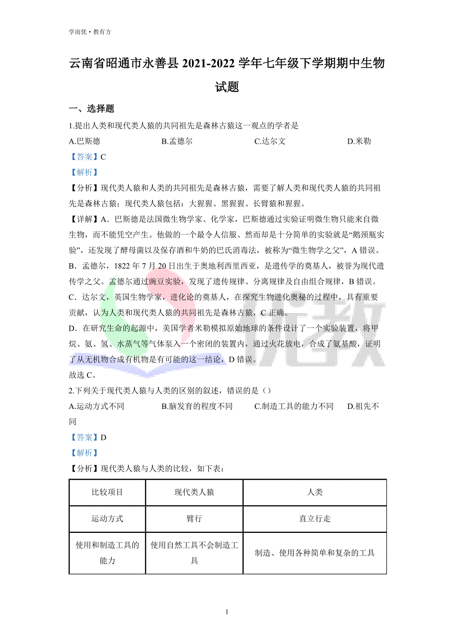 2021-2022学年七下【云南省昭通市永善县】生物期中试题（解析版）_第1页