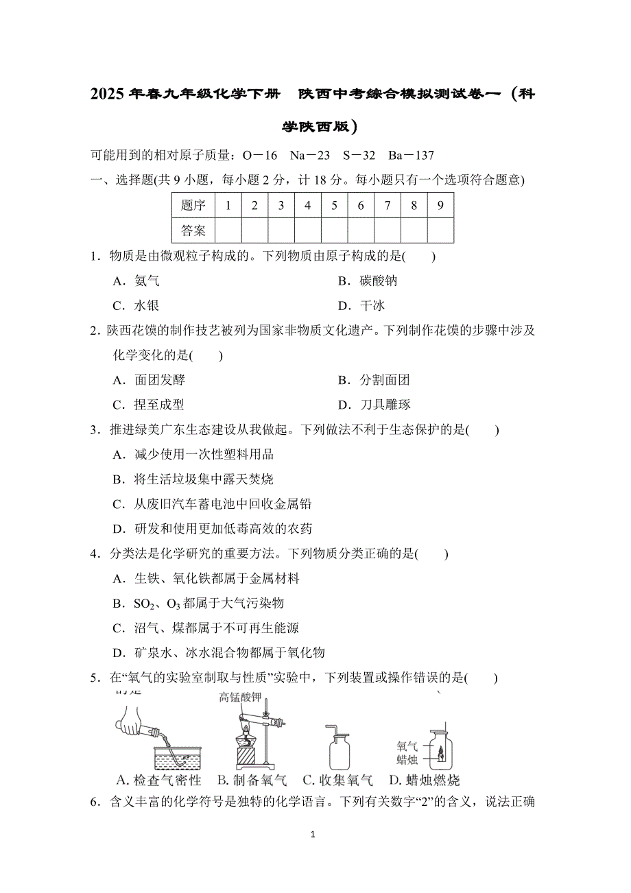 2025年春九年级化学下册陕西中考综合模拟测试卷一（科学陕西版）_第1页