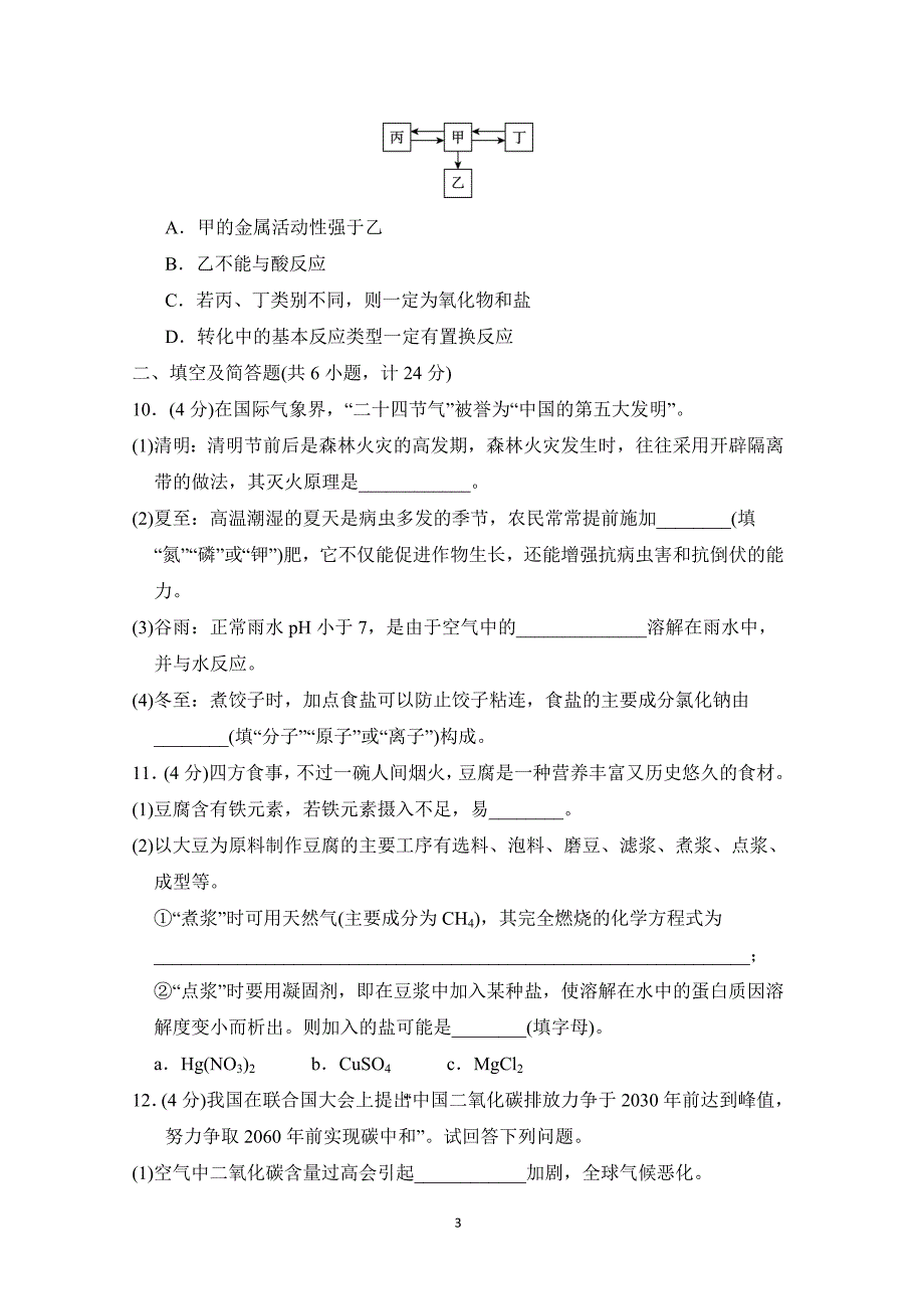 2025年春九年级化学下册陕西中考综合模拟测试卷一（科学陕西版）_第3页