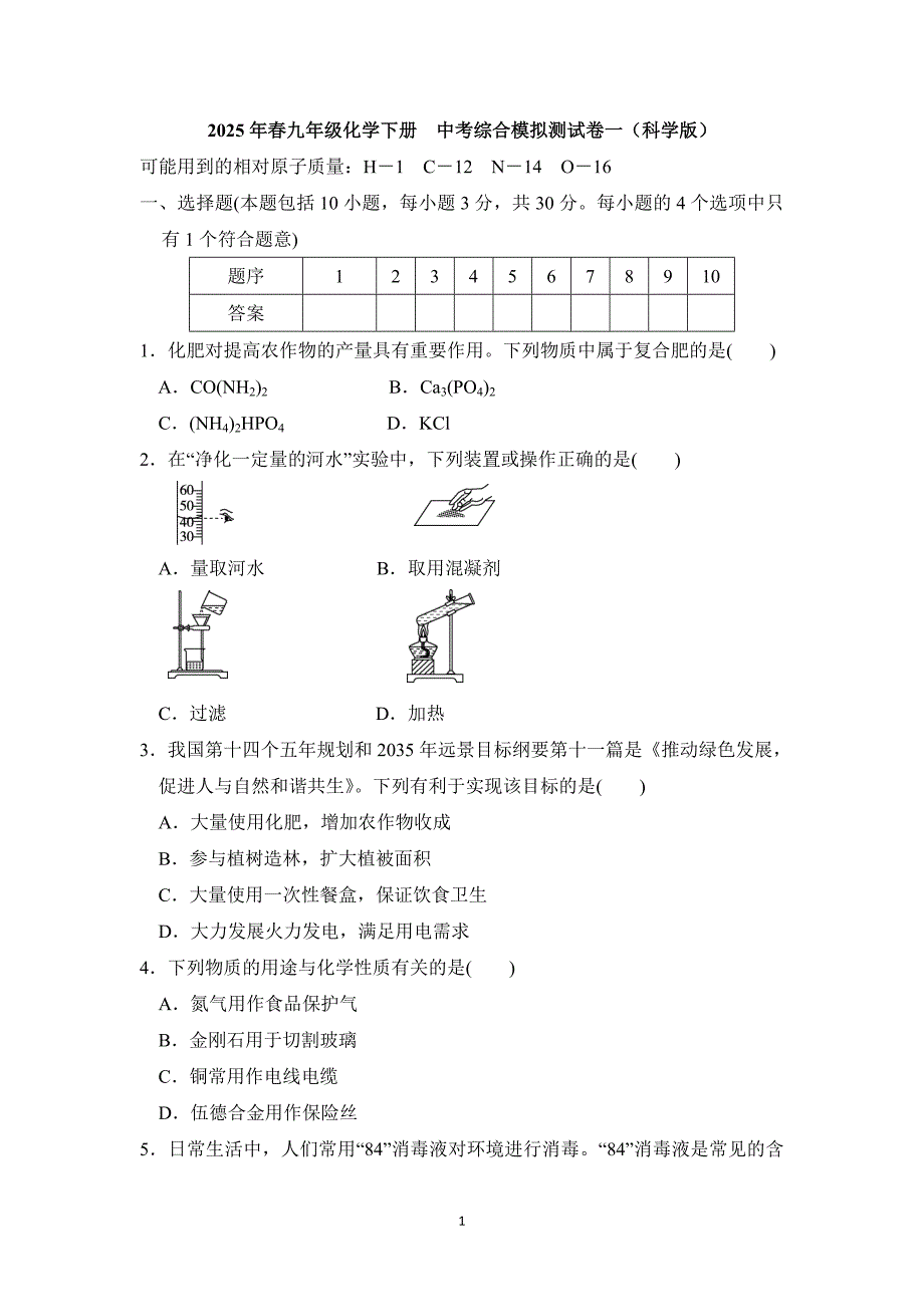 2025年春九年级化学下册中考综合模拟测试卷一（科学版）_第1页