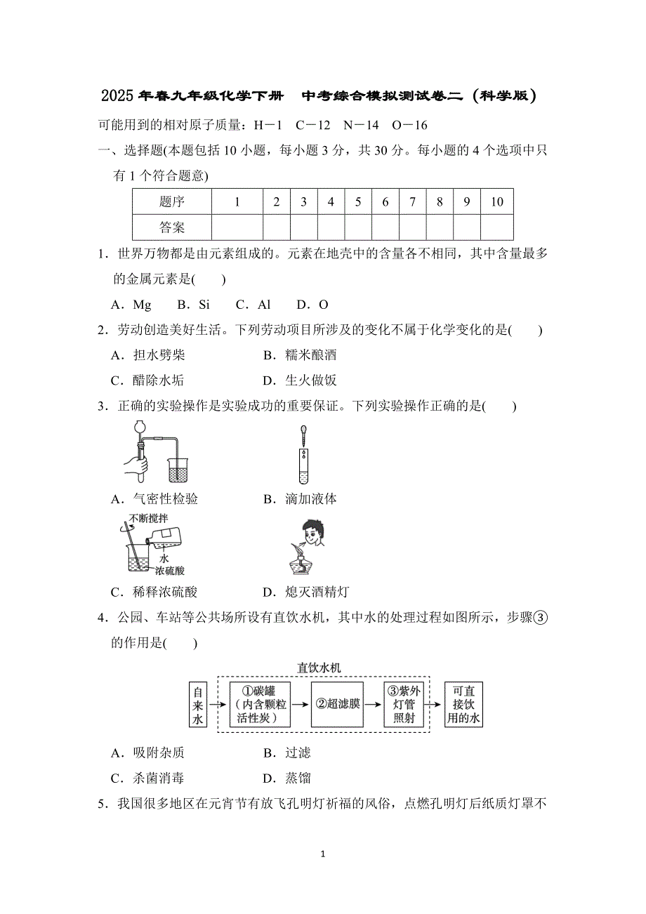 2025年春九年级化学下册中考综合模拟测试卷二（科学版）_第1页