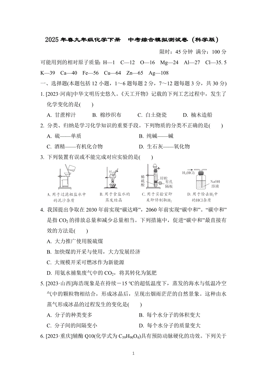 2025年春九年级化学下册中考综合模拟测试卷（科学版）_第1页