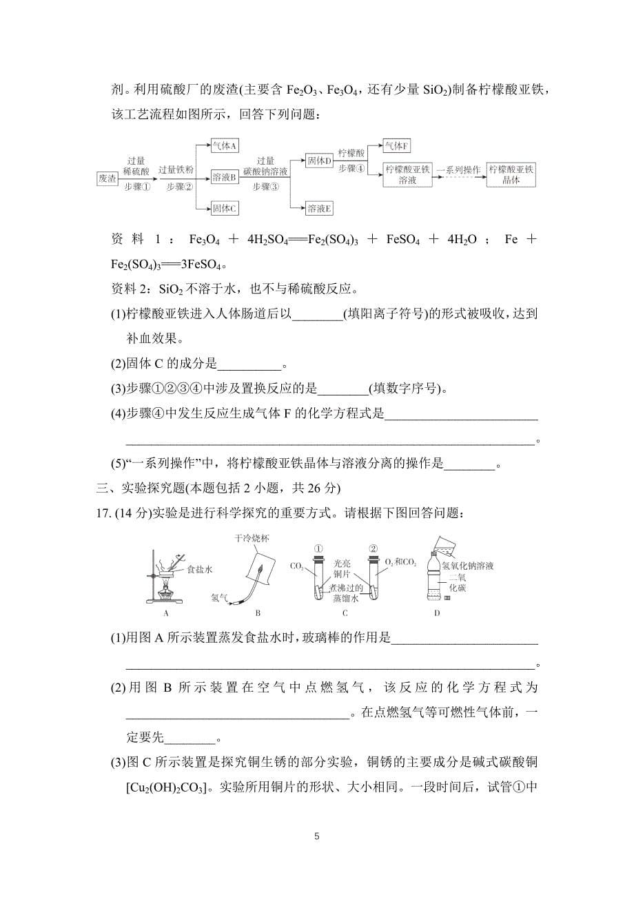 2025年春九年级化学下册中考综合模拟测试卷（科学版）_第5页