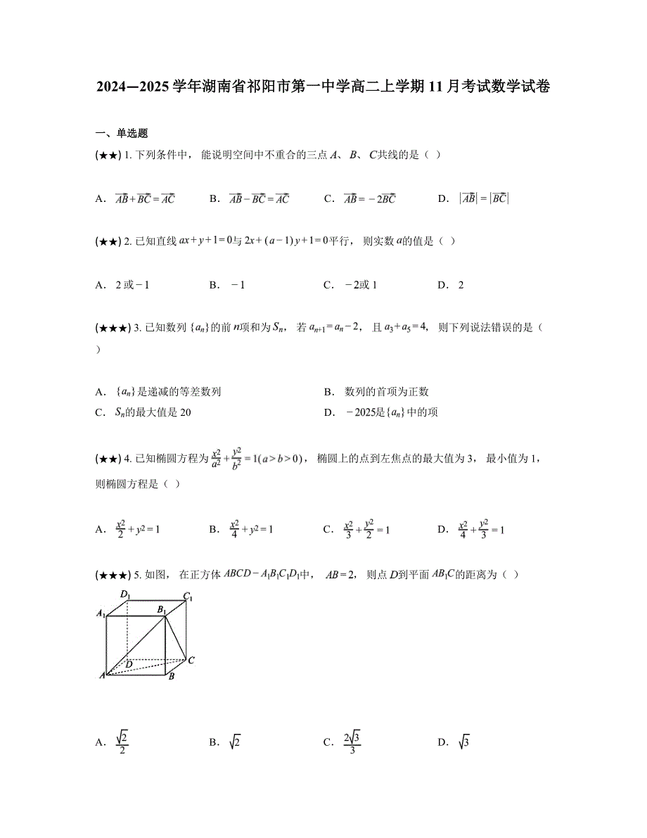 2024—2025学年湖南省祁阳市第一中学高二上学期11月考试数学试卷_第1页