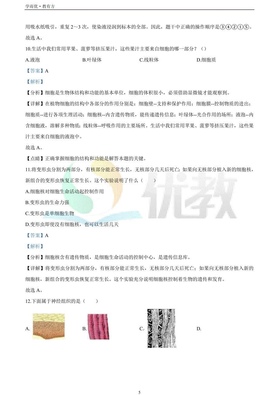 2021-2022学年七上【辽宁省抚顺市顺城区】生物期末试题（解析版）_第5页