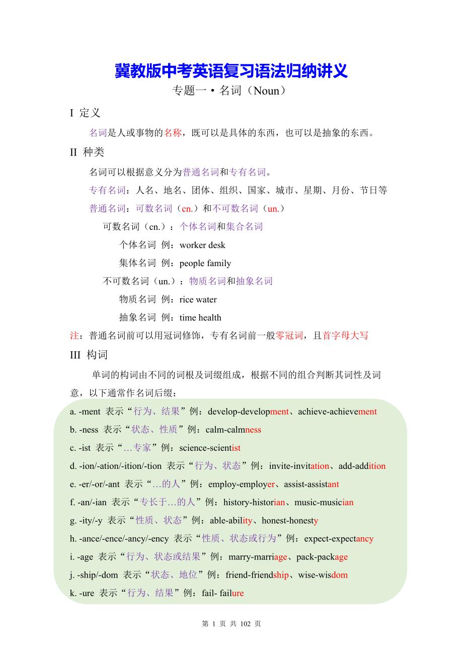 冀教版中考英语复习语法归纳讲义_第1页